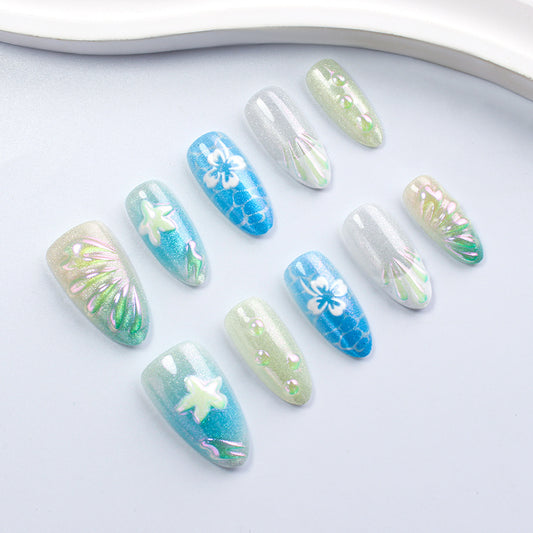 Seaside Elegance Long Almond Iridescent Blue and Green Floral Press-On Nail Set
