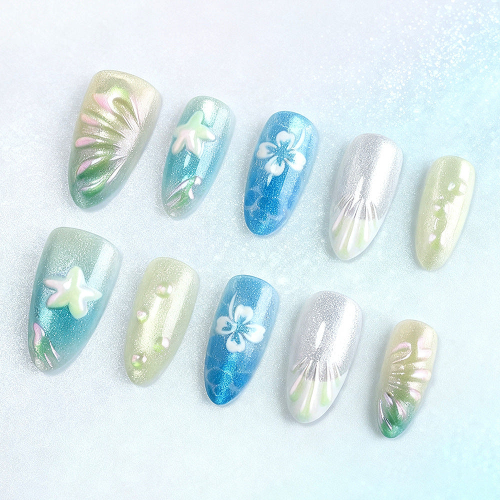 Tropical Breeze Long Almond Gradient Shades with Pearl Accents Press-On Nail Set
