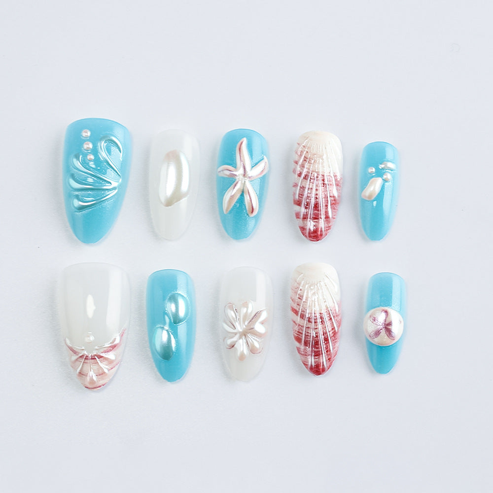 Ocean Breeze Long Almond Blue and White Nail Set with Shell and Starfish Embellishments