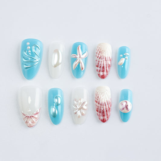 Ocean Breeze Long Almond Blue and White Nail Set with Shell and Starfish Embellishments