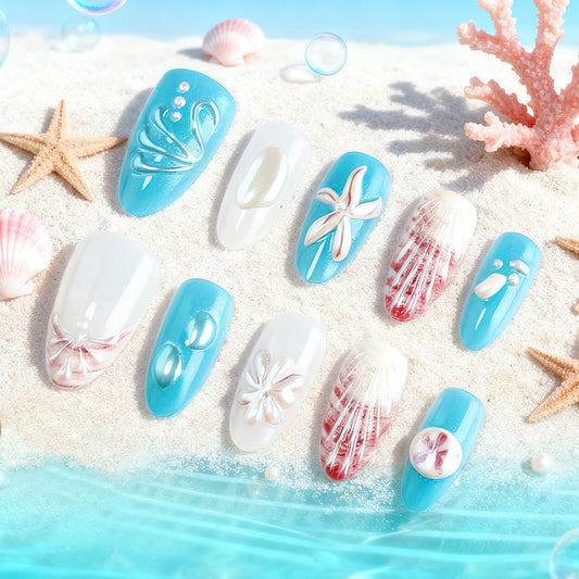 Ocean Breeze Elegance Long Almond Turquoise and White Press On Nail Set with Unique Shell and Pearl Accents