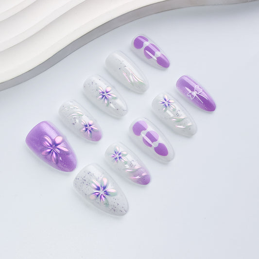 Enchanted Garden Long Almond Lavender and White Floral Press On Nail Set with Iridescent Accents