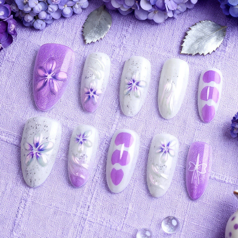 Enchanted Floral Elegance Long Almond Lavender with Delicate Flower Designs Press On Nail Set
