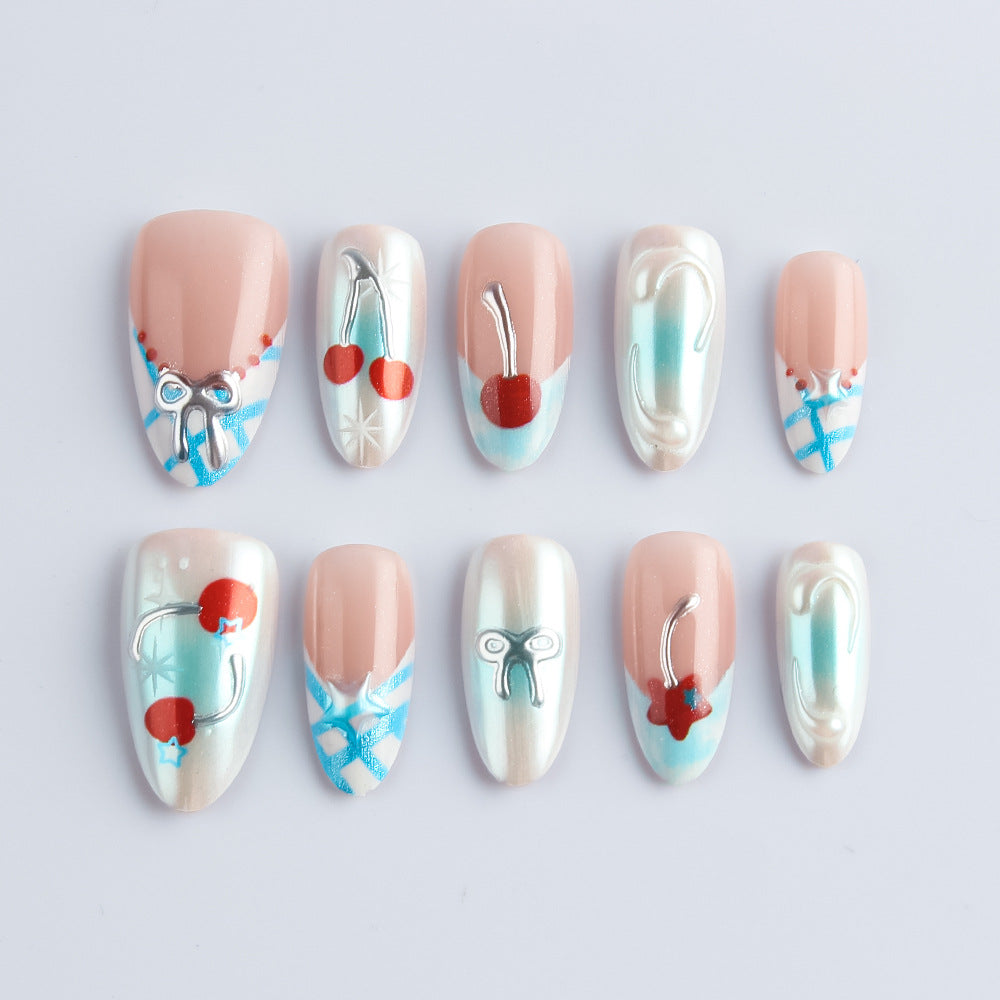 Cherry Blossom Dream Long Almond Pink and Light Blue Press On Nail Set with Unique Cherry and Bow Design