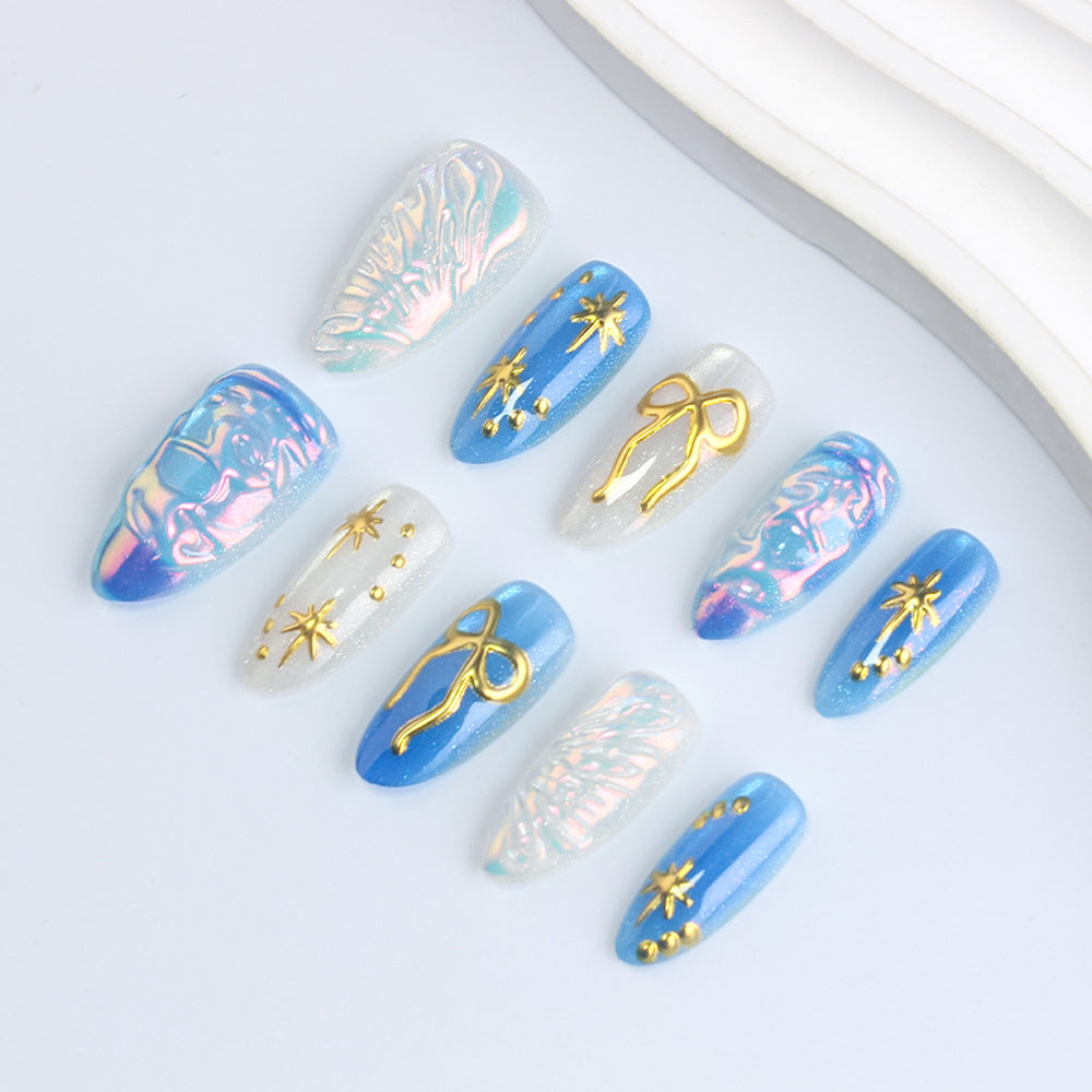 Celestial Dreams Long Almond Blue and Iridescent with Gold Star Accents Press on Nail Set