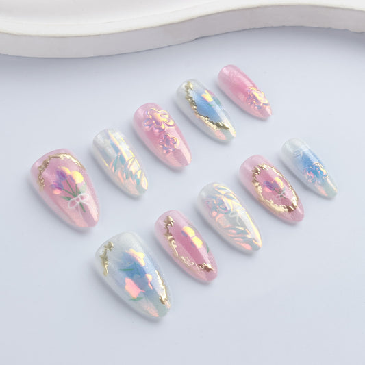 Enchanted Garden Long Almond Shaped Pink and Blue Floral Press On Nail Set with Gold Accents