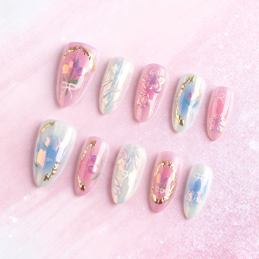 Charming Blossom Fantasy Long Almond Pink and Blue Floral Print with Gold Accents Press-On Nail Set