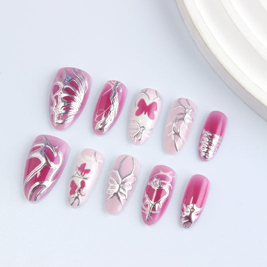 Whimsical Butterfly Delight Long Almond Pink Press On Nail Set with Silver Floral Designs