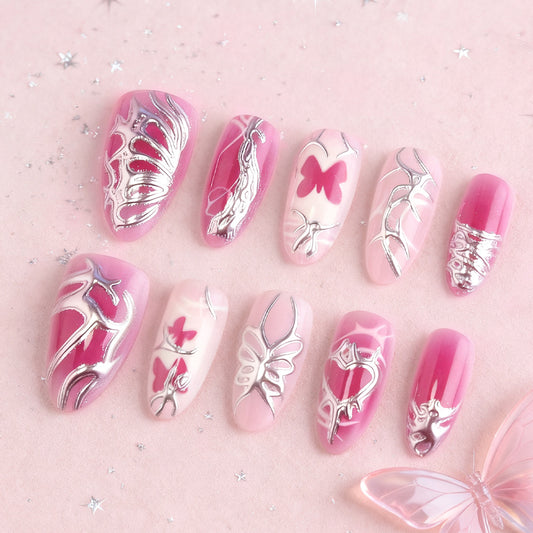 Whimsical Butterfly Dream Long Almond Pink and Silver Press On Nail Set with Intricate Floral Designs