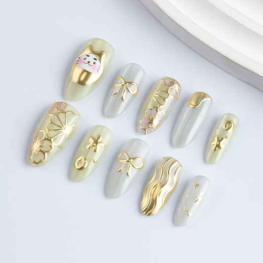 Whimsical Cat Theme Long Almond Green and Grey Press-On Nail Set with Charming Gold Accents