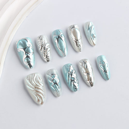 Celestial Elegance Long Almond Shaped Shimmering Blue and Silver Press On Nail Set with Intricate Design Details