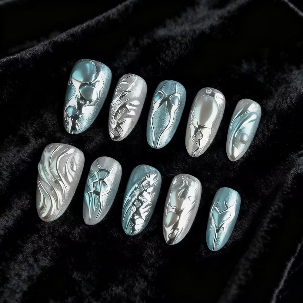 Mystical Elegance Press-On Nail Set Long Almond Silver and Aqua with Unique Engraved Designs