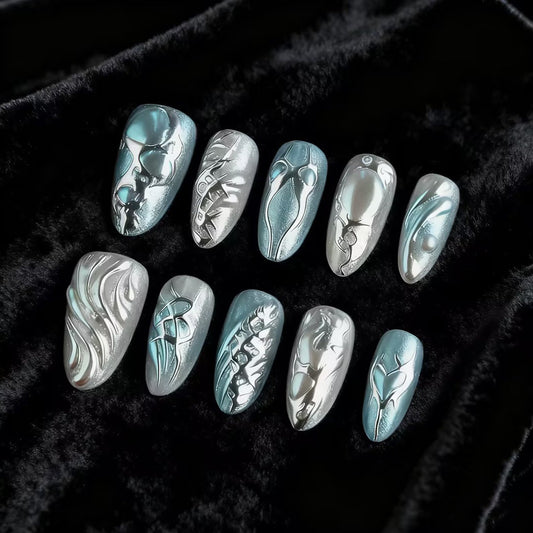 Mystical Elegance Press-On Nail Set Long Almond Silver and Aqua with Unique Engraved Designs