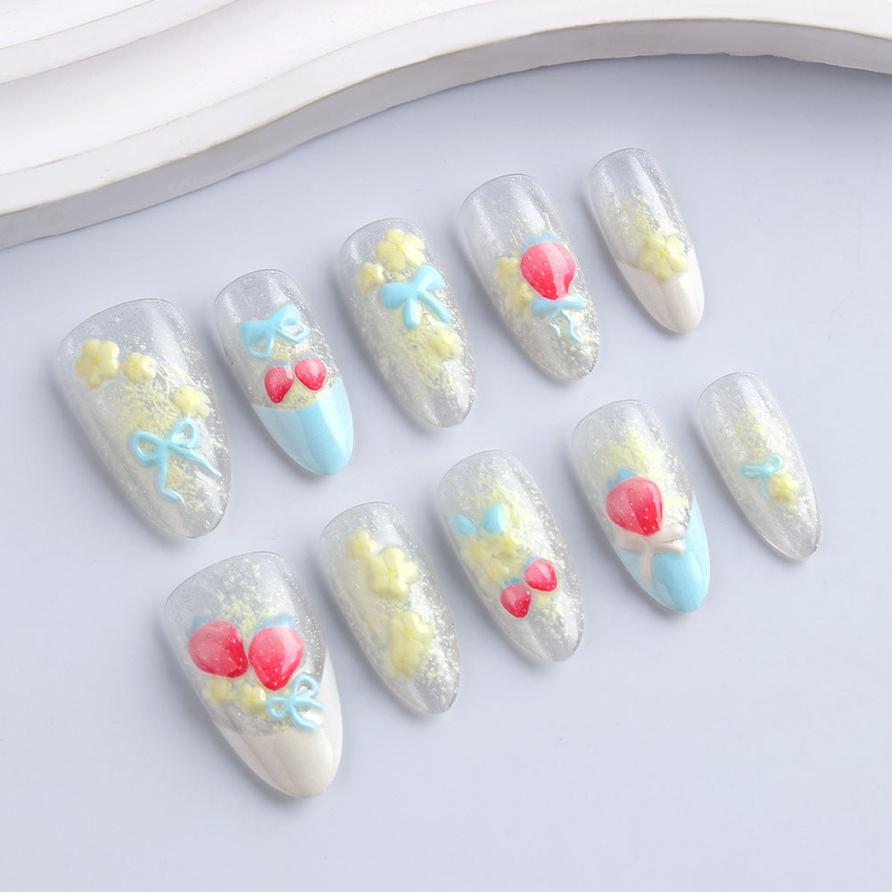 Whimsical Balloons Press on Nail Set Long Almond Clear with Colorful Floral Designs