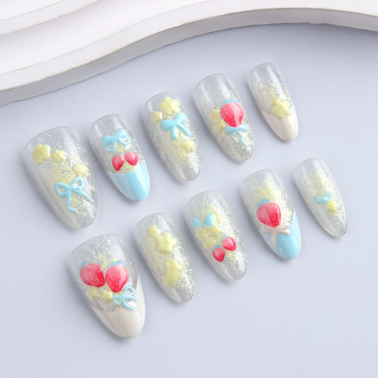 Whimsical Balloons Press on Nail Set Long Almond Clear with Colorful Floral Designs