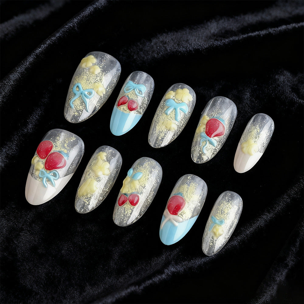 Whimsical Garden Inspired Long Almond Clear Blue and Red Floral Nail Set with Glitter Accents