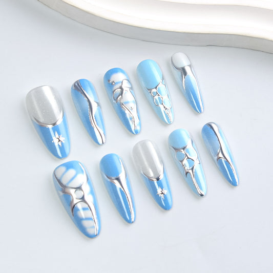 Ocean Breeze Long Stiletto Shape Sky Blue with Silver Accents Press On Nail Set