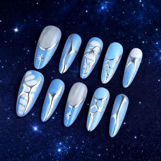 Celestial Dreamscape Long Stiletto Shimmering Blue with Metallic Accents Press-On Nail Set