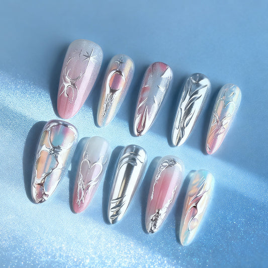 Celestial Radiance Long Stiletto Shimmering Pastel with Unique Metallic Detailing Press-On Nail Set