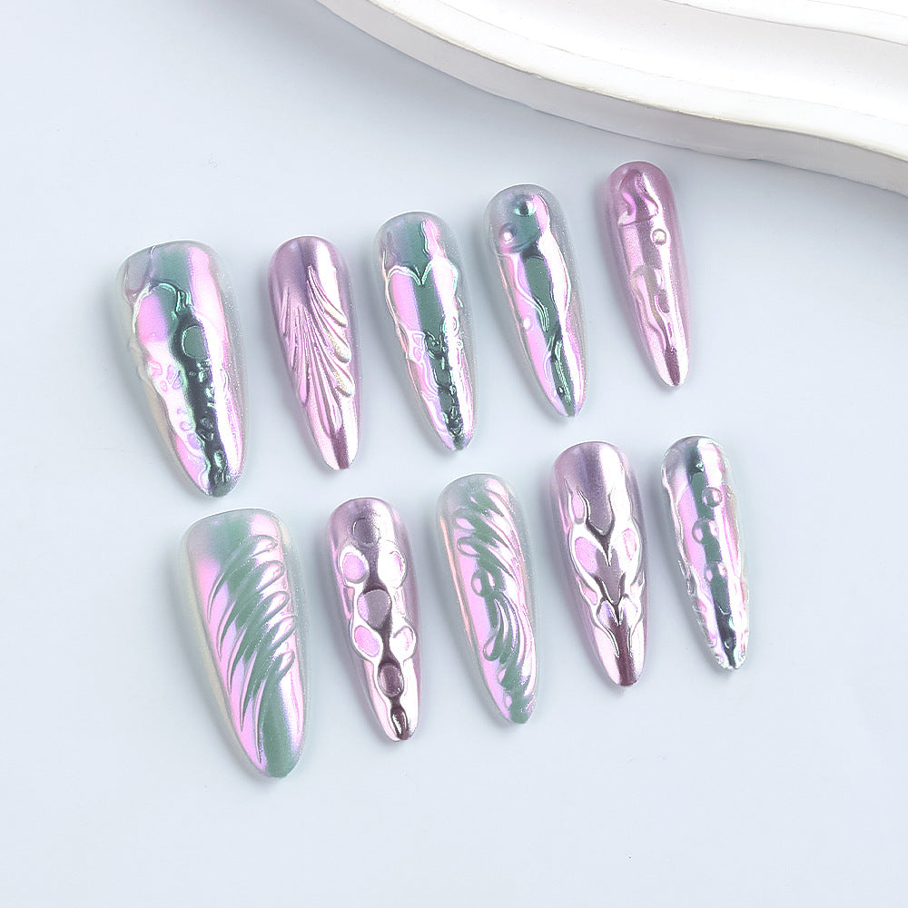 Dreamy Fantasy Long Stiletto Shaped Iridescent Purple Press On Nail Set with Unique Swirl Design