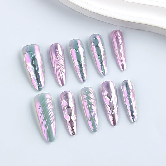 Dreamy Fantasy Long Stiletto Shaped Iridescent Purple Press On Nail Set with Unique Swirl Design