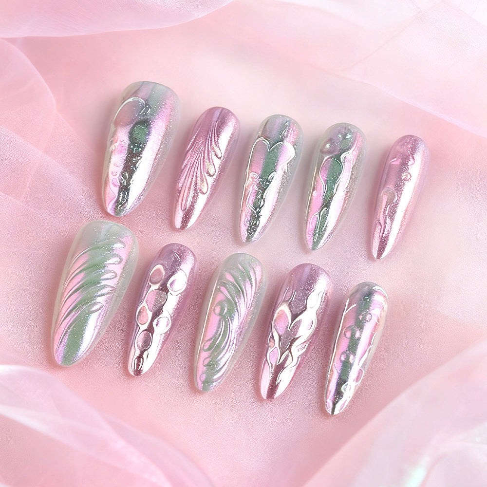 Whimsical Wonderland Long Stiletto Shimmering Pink and Silver Marbled Press On Nail Set