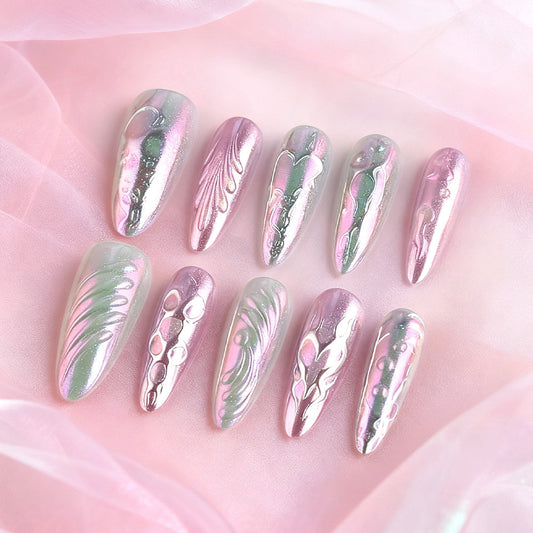 Whimsical Wonderland Long Stiletto Shimmering Pink and Silver Marbled Press On Nail Set