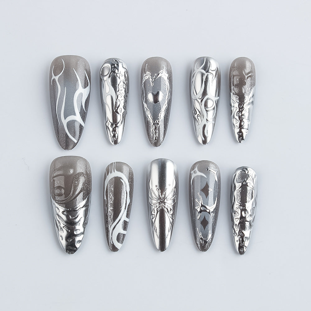 Mystical Fusion Press-On Nail Set Long Stiletto Shaped Metallic Silver with Unique Artistic Designs