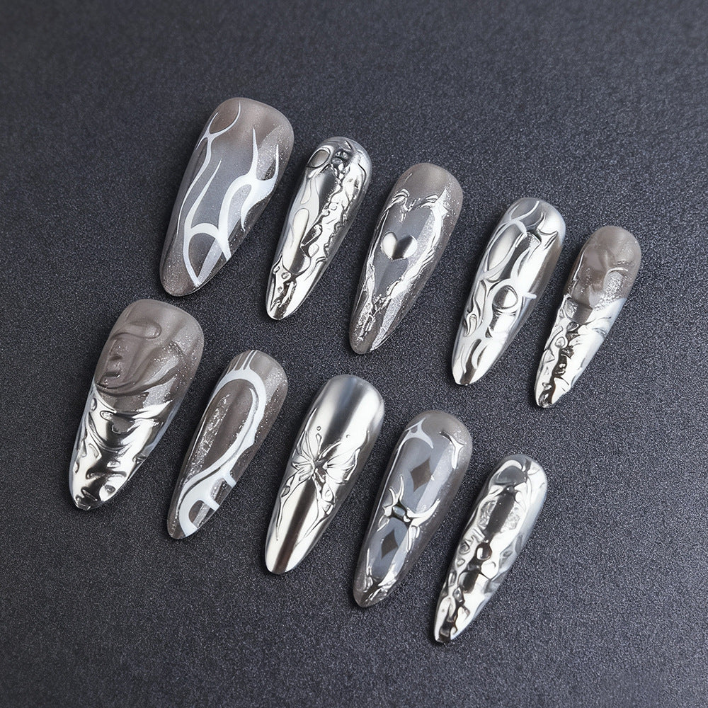 Glamorous Metallic Stiletto Press On Nail Set in Long Pointed Silver with Intricate Art Designs