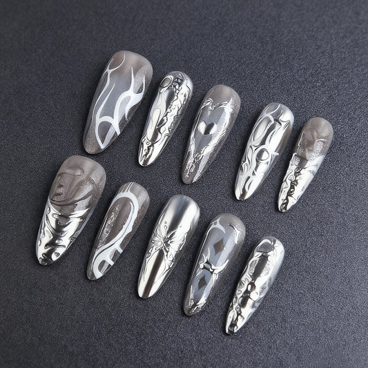 Glamorous Metallic Stiletto Press On Nail Set in Long Pointed Silver with Intricate Art Designs