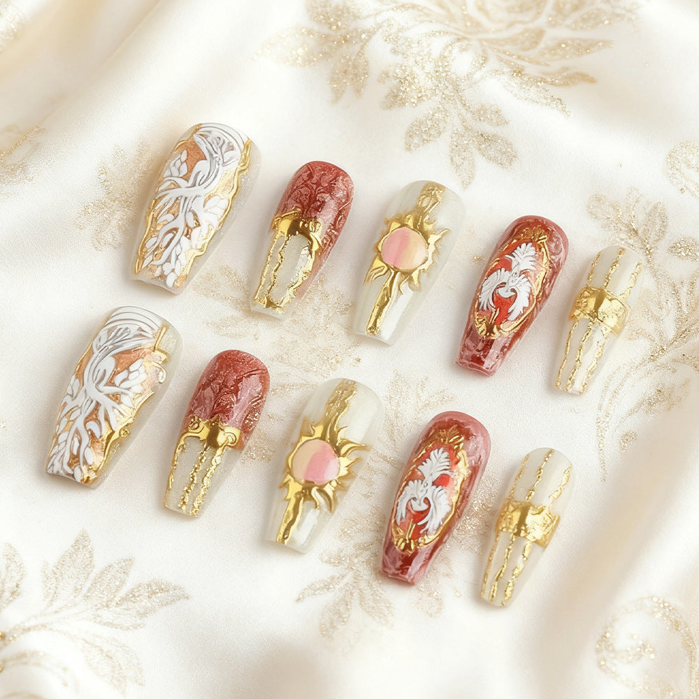 Celestial Elegance Long Coffin Maroon and Cream with Gold Accents Press-On Nail Set