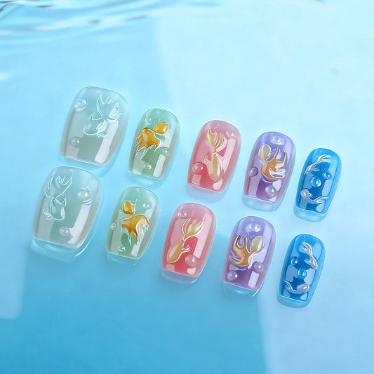Aquatic Dream Colorful Short Square Nail Set with Stunning Goldfish Design