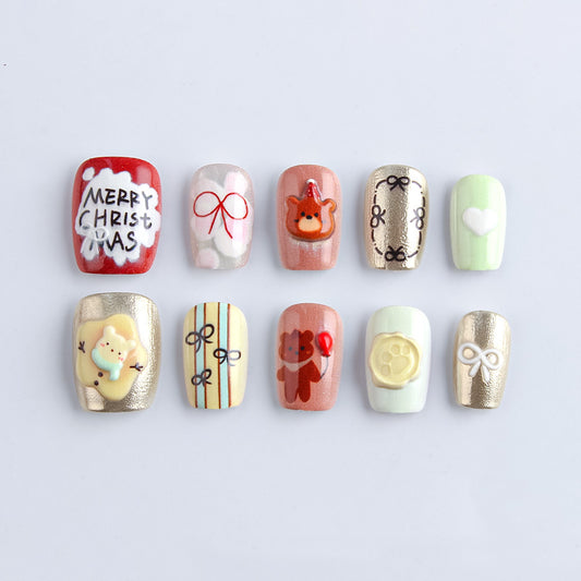 Festive Charm Short Square Red and Pastel with Adorable Holiday Designs Press On Nail Set