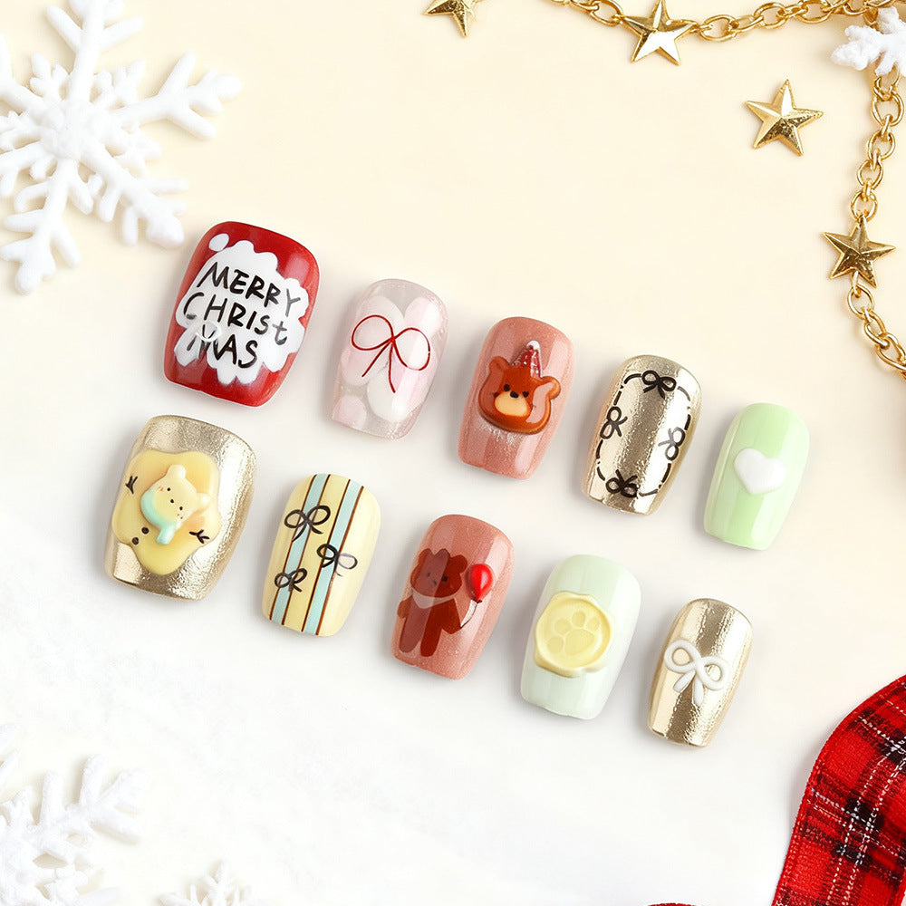 Festive Winter Wonderland Short Square Red Green Neutral with Cute Animal and Holiday Designs Press-On Nail Set