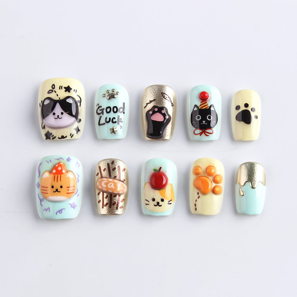 Whimsical Cat Kingdom Short Square Pastel Color Playful Character Designs Press On Nail Set