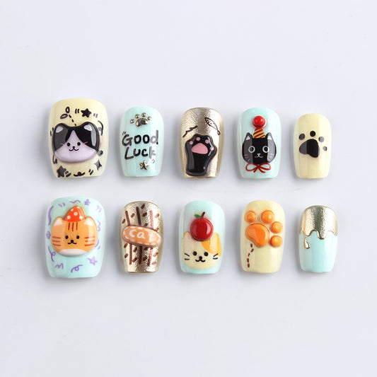 Whimsical Cat Kingdom Short Square Pastel Color Playful Character Designs Press On Nail Set