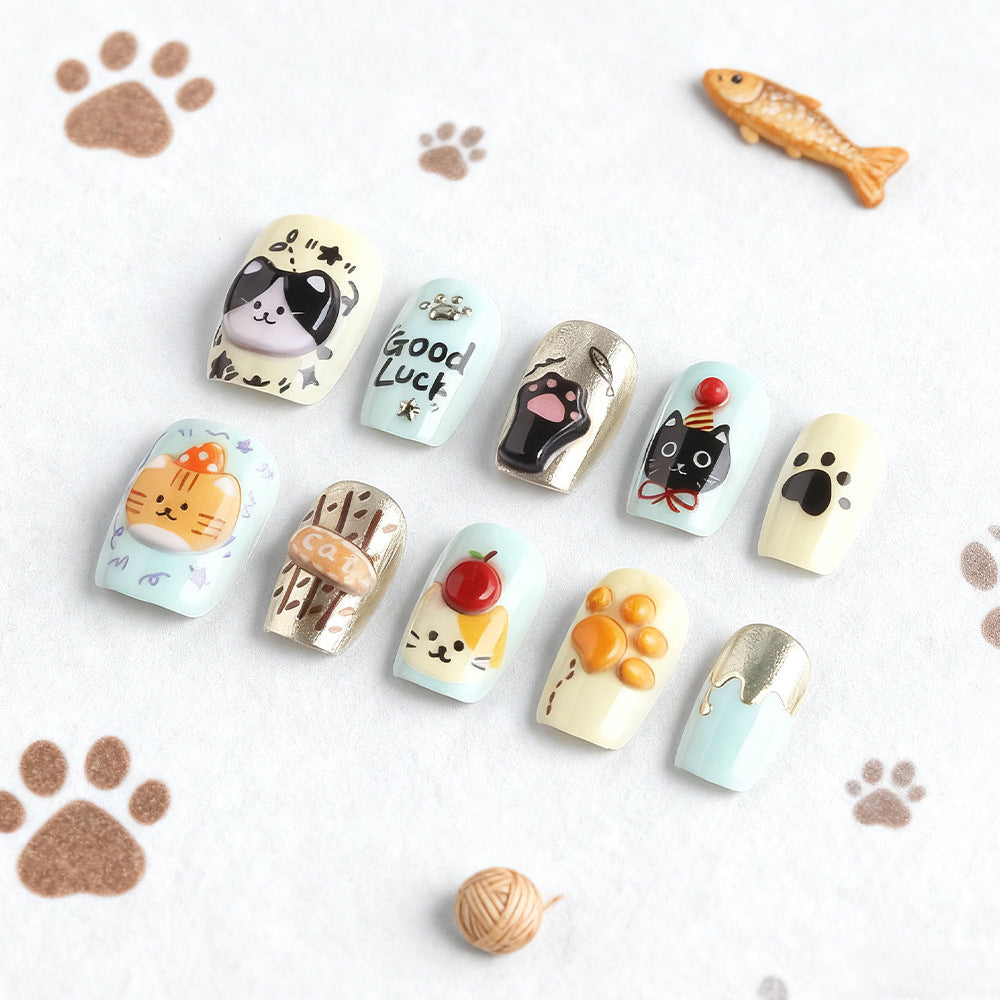 Playful Paws Short Square Blue Cute Cat Theme Press-On Nail Set with Unique Animal Charms