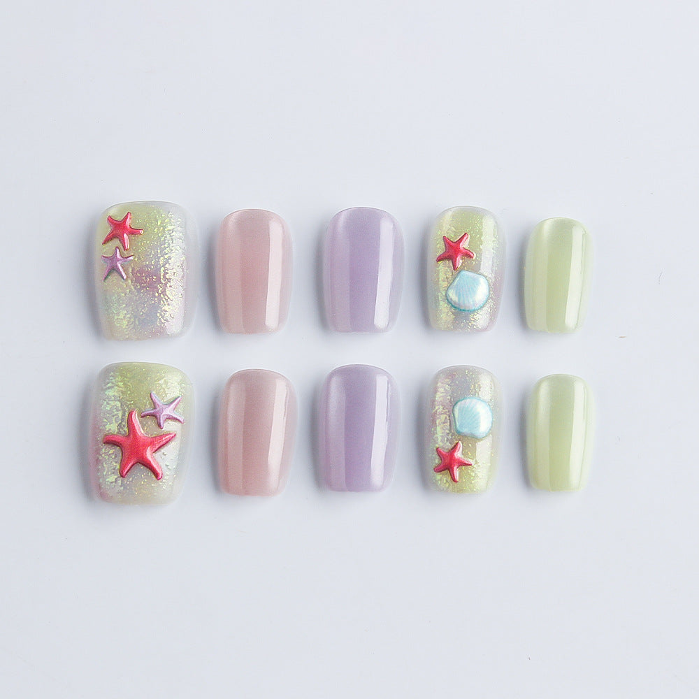 Ocean Breeze Radiance Short Square Pastel Shades with Charming Starfish Accents Press On Nail Set