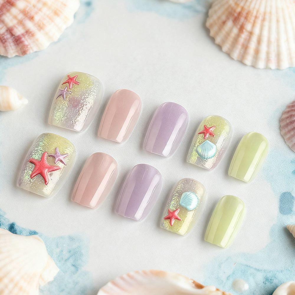 Coastal Elegance Short Square Pastel Wave Press On Nail Set with Sea Shell and Starfish Accents