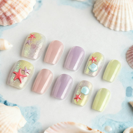 Coastal Elegance Short Square Pastel Wave Press On Nail Set with Sea Shell and Starfish Accents