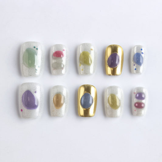 Whimsical Pastel Medium Square Glitter Press On Nail Set with Unique Glossy Accents