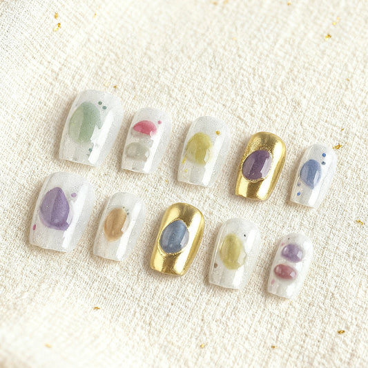 Dreamy Gemstone Elegance Short Square White Nails with Multicolored Artistic Accents and Shimmering Gold Highlights