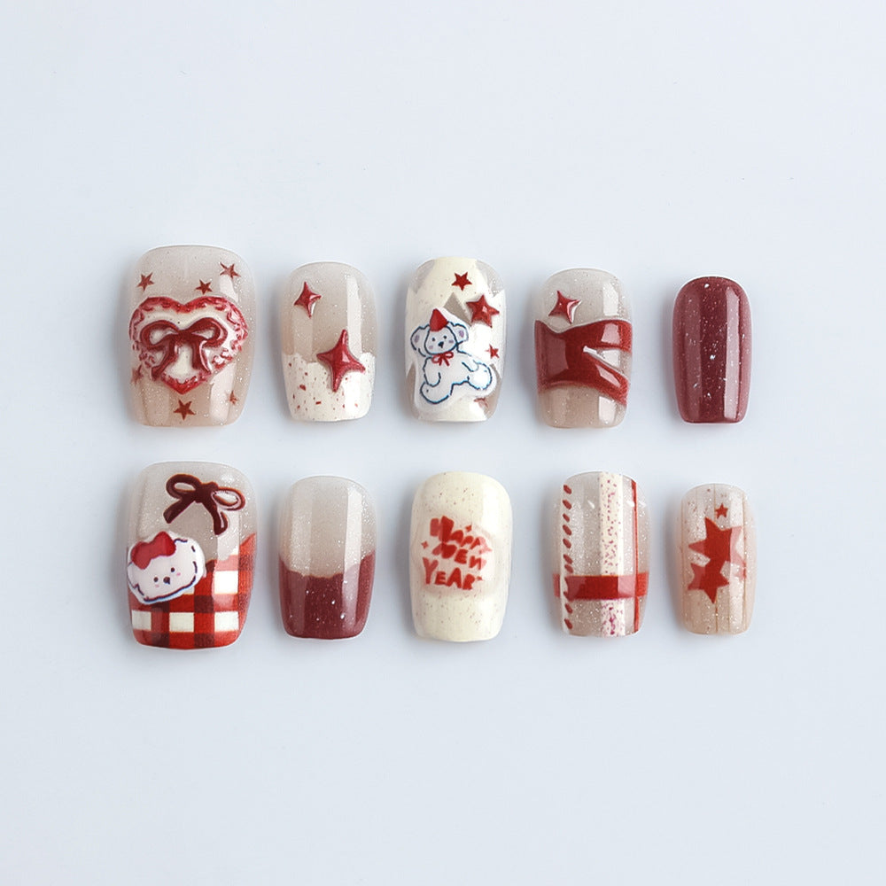 Festive Charm Short Square Shaped Beige and Burgundy Press On Nail Set with Whimsical Holiday Design