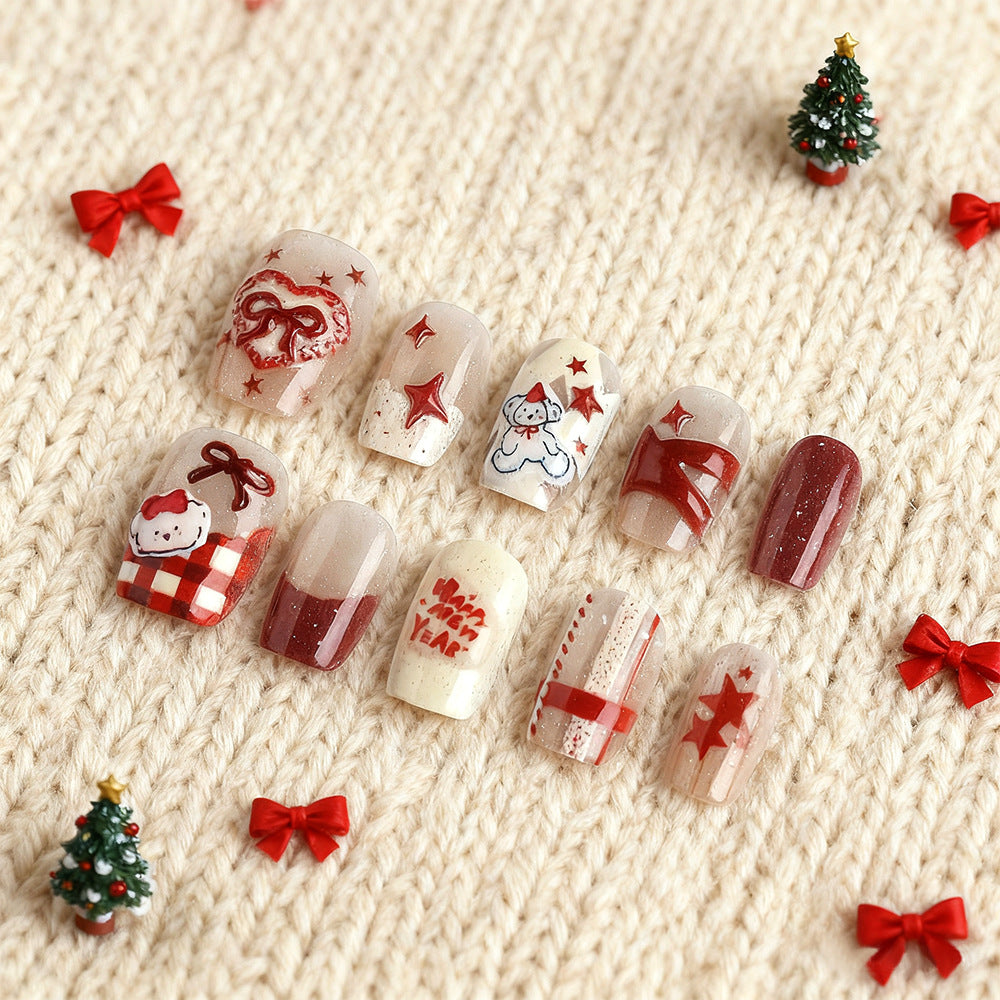 Festive Winter Wonderland Short Square Transparent Red and White Nail Set with Whimsical Holiday Designs