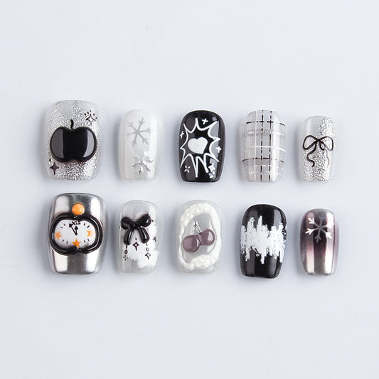 Mystical Night Short Square Black and Silver Glimmer Press-On Nail Set with Unique Artistic Designs