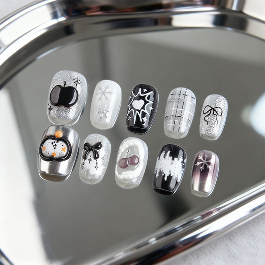 Gothic Elegance Glossy Short Square Press On Nail Set with Unique Artistic Designs in Black and Silver