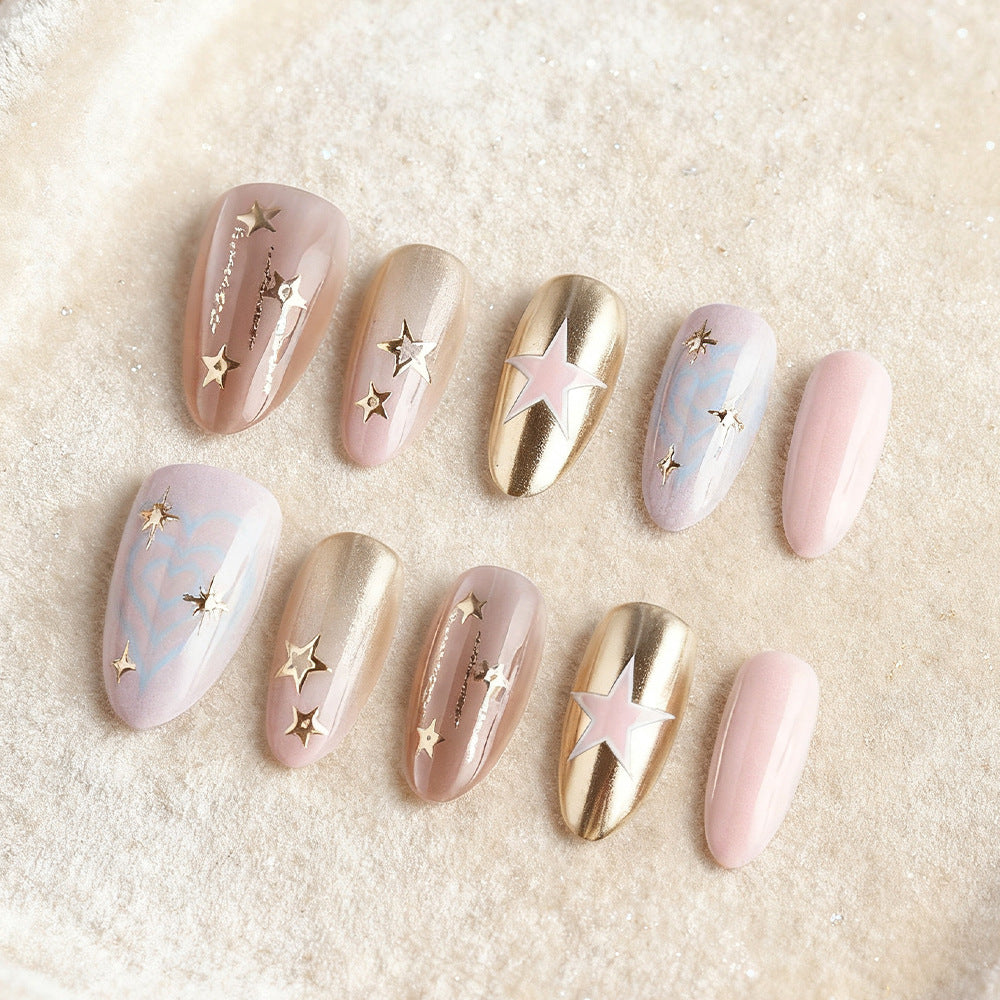Celestial Dream Press-On Nail Set in Long Length Almond Shape with Soft Pink and Gold Finish Featuring Star Detailing