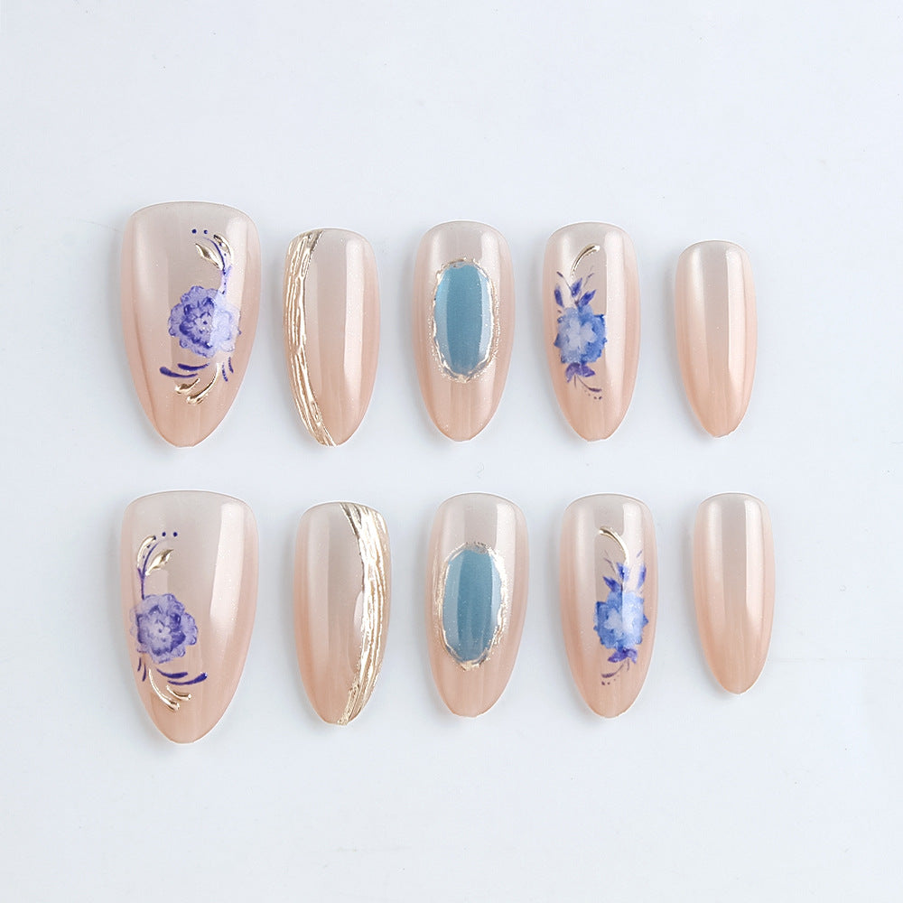 Blossom Elegance Long Almond Pink Floral Press On Nail Set with Unique Blue Accents