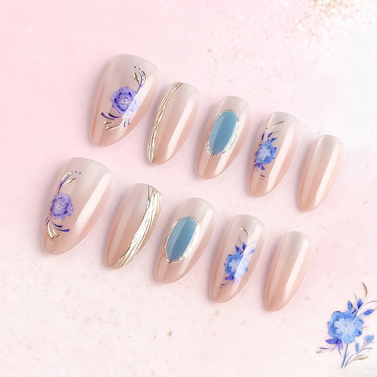 Floral Elegance Long Almond Beige with Blue Floral Design and Gold Accents Press On Nail Set