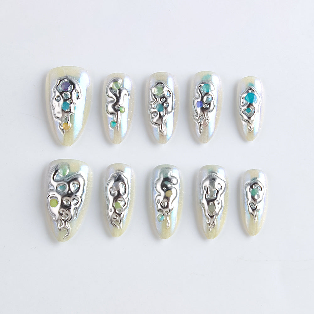 Celestial Elegance Long Almond Shaped Iridescent Silver Press On Nail Set with Stunning Gemstone Accents